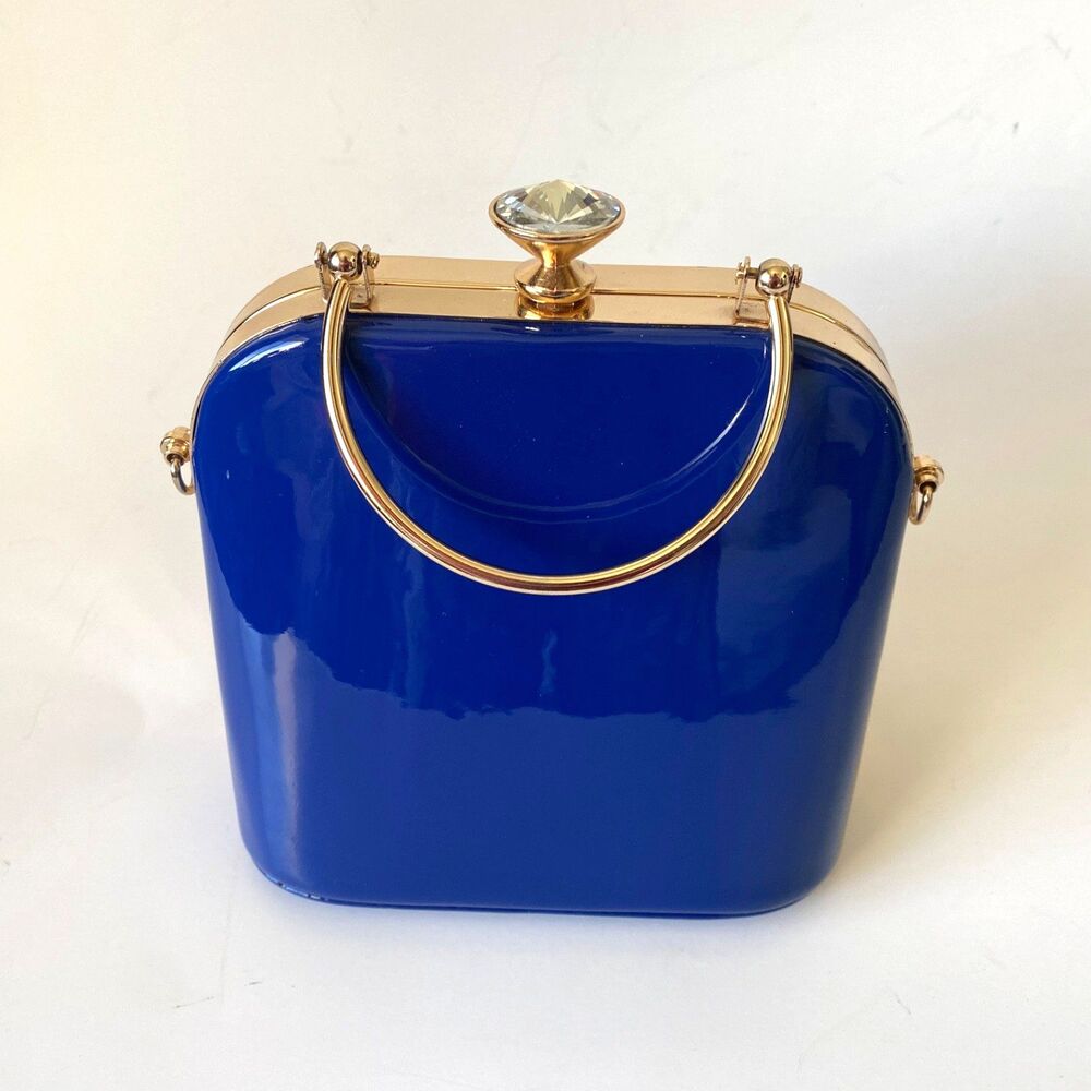 Cobalt Blue Small Vinyl Handbag Rhinestone Kiss Clasp Zip Pocket Coquette Party